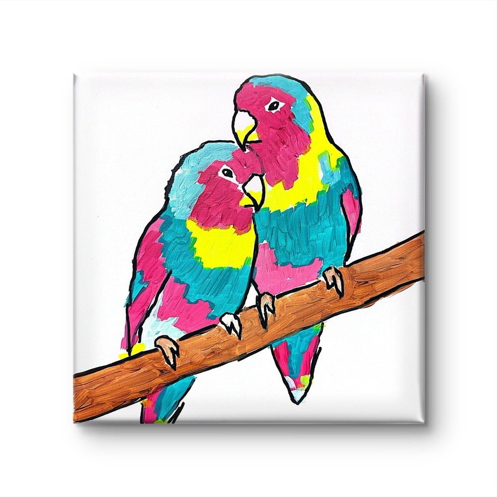 Papa Diouf Original Painting Two Parrots Tropical Bird Wall Art 12x12 New